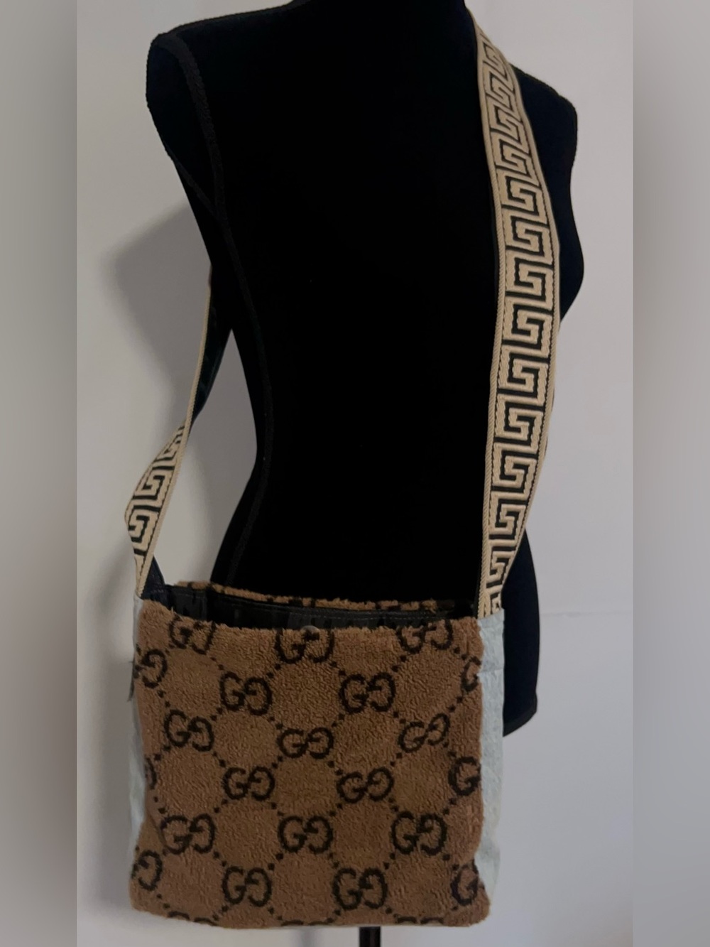 Salvage Sacs light denim Brown & Cream GG Shearling Crossbody Bag.